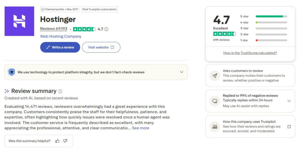 hostinger reviews trutpilot